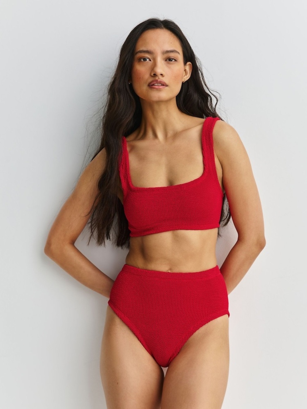 New Hunza G Red Patricia Square Neck High Waist Bikini Swimsuit Crinkle Rouge